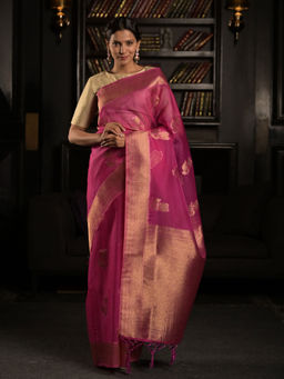 EXCLUSIVA - Magenta Woven Organza Silk Saree with Unstitched Blouse