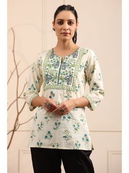 Rain & Rainbow - Women Cream and Green Floral Printed Pure Cotton Straight Kurti
