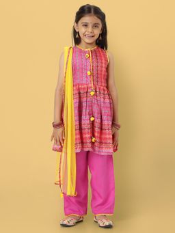 Nautinati - Pink Printed Kurti with Palazzo and Dupatta (Set of 3)
