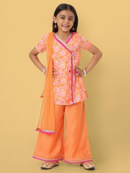 Nautinati - Orange Floral Printed Kurti with Palazzo and Dupatta (Set of 3)