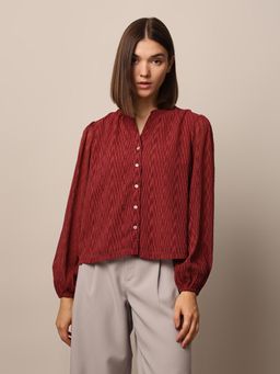 ONLY - Women Self Design Maroon Regular Fit Mandarin Neck Casual Shirt
