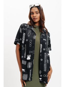 FREAKINS - Aquatic Print Black Linen Shirt