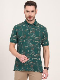 JadeBlue - Green Cotton Printed Polo T-Shirt