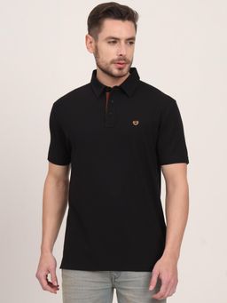 JadeBlue - Black Cotton Stretch Solid Polo T-Shirt