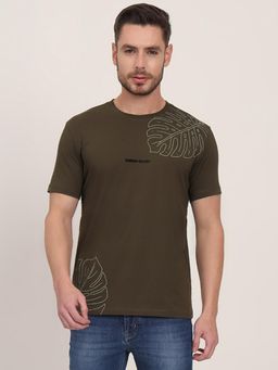 JadeBlue - Olive Cotton Blend Printed Round Neck T-Shirt