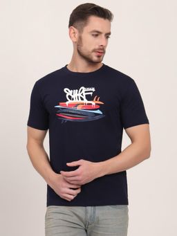JadeBlue - Navy Blue Cotton Stretch Printed Round Neck T-Shirt