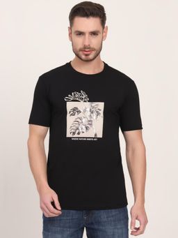 JadeBlue - Black Cotton Stretch Printed Round Neck T-Shirt