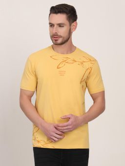 JadeBlue - Mustard Yellow Cotton Blend Printed Round Neck T-Shirt