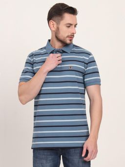 JadeBlue - Grey and Navy Blue Cotton Blend Striped Polo T-Shirt