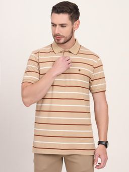 JadeBlue - Brown Cotton Stretch Striped Polo T-Shirt