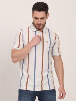 JadeBlue - Grey and Brown Cotton Blend Striped Polo T-Shirt