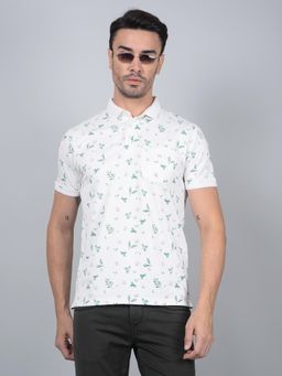 CRIMSOUNE CLUB - Men White Floral Print Polo T-Shirt