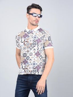 CRIMSOUNE CLUB - Men Navy Blue Printed Cotton Polo T-Shirt