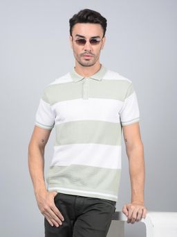 CRIMSOUNE CLUB - Men Green Horizontal Stripes Pure Cotton Polo T-Shirt