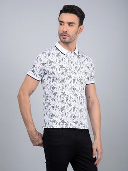 CRIMSOUNE CLUB - Men White Floral Print Polo T-Shirt