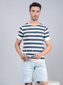 CRIMSOUNE CLUB - Men Blue Horizontal Stripes T-Shirt