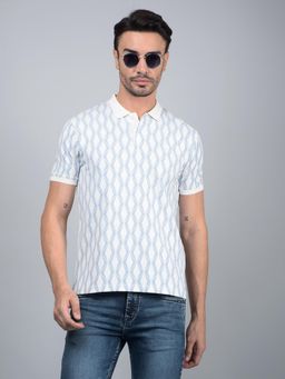 CRIMSOUNE CLUB - Men Blue Geometric Print Pure Cotton Polo T-Shirt