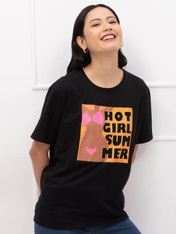 Twenty Dresses by Nykaa Fashion - Black Graphic Print Crew Neck Half Sleeves T Shirt