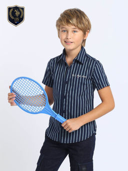 U.S. POLO ASSN. - Boys Navy Blue Vertical Striped Regular Fit Shirt