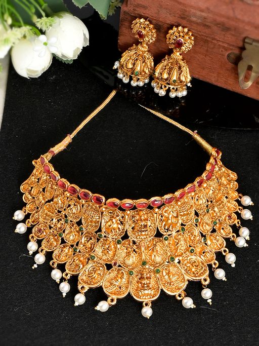Shoshaa Gold Plated Handcrafted Red Stone With Pearl Choker Set
