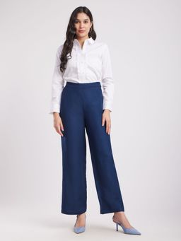 FABLE STREET - Linen Elasticated Wide Leg Trousers - Navy Blue