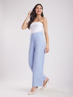 FableStreet - Linen Elasticated Wide Leg Trousers - Light Blue
