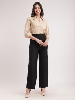 FableStreet - Linen Elasticated Wide Leg Trouser - Black