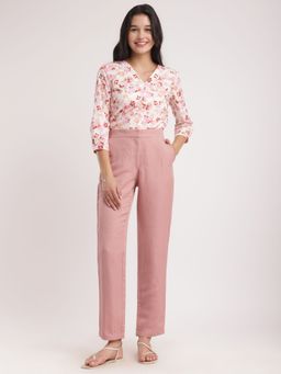 FableStreet - Linen Elasticated Straight Fit Pant - Dusty Pink