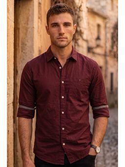 Louis Philippe - Mens Soft Feel Over Dyed Solid Maroon Slim fit Casual Shirt