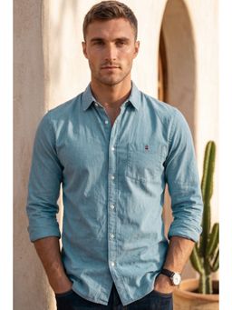 Louis Philippe - Mens Soft Feel Over Dyed Solid Blue Slim fit Casual Shirt