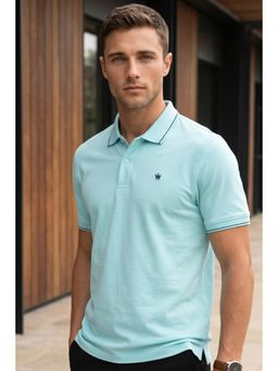 Louis Philippe - Men's Solid Lt. Blue Polo T-Shirt with Contrast Tipping on Collar and Sleeves