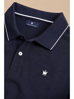 Louis Philippe - Men's Solid Navy Blue Polo T-Shirt with Contrast Tipping on Collar and Sleeves