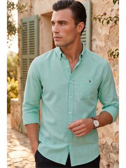 Louis Philippe - Mens Blue Solid Easy Care Natural Stretch Slim fit Casual Shirt