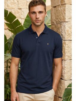 Louis Philippe - Men's Navy Solid Mercirised Polo T-shirt with Contrast Branding