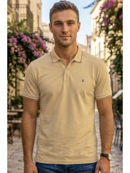 Louis Philippe - Men's Beige Polo T-Shirt with Collar Tipping and Branding on Sleeve