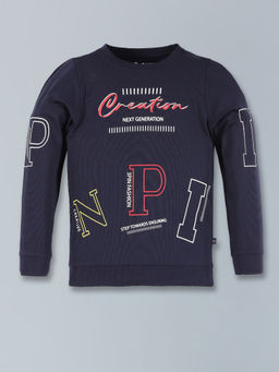 3PIN - Navy Typography Cotton Full Sleeve T-Shirt
