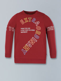 3PIN - Burgundy Typography Cotton Full Sleeve T-Shirt