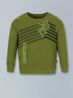 3PIN - Cotton Olive Green Printed Full Sleeve T-Shirt