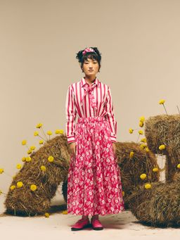 Prakriti Jaipur - Pink Stripes Floral Shirt and Skirt (Set of 2)