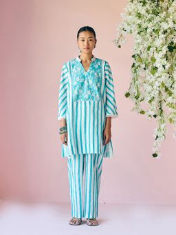 Prakriti Jaipur - Blue Stripes Floral Printed Co-Ord (Set of 2)