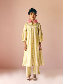 Prakriti Jaipur - Yellow Stripes Gathered Co-Ord (Set of 2)