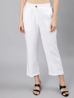 Jaipur Kurti - Women White Cotton Slub Straight High Rise Bottom Fold Pants
