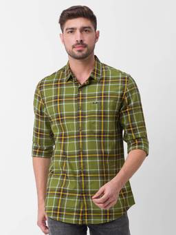 Spykar - Olive Green Cotton Full Sleeve Checks Shirt for Men