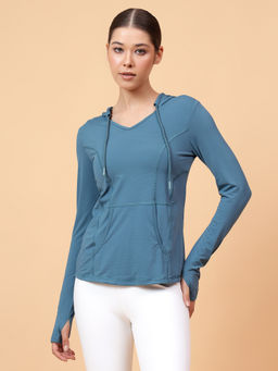 Fitkin - Womens Teal Self Design Full Sleeves Hooded T-Shirt