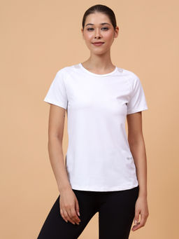 Fitkin - Women White Solid Back Mesh Panel T-Shirt