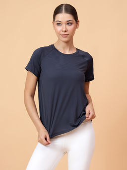 Fitkin - Women Grey Self Stripe Round Neck T-Shirt