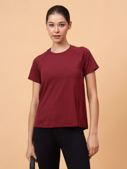Fitkin - Women Maroon Self Stripe Round Neck T-Shirt