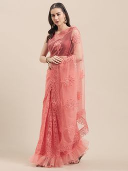 Tikhi Imli - Pink Net Saree with Machine Embroidery with Unstitched Blouse