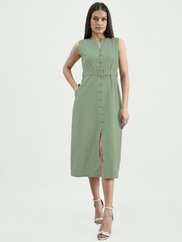 Powersutra - Women's Button-Down Cotton Blend Sleeveless Shirt Dress with Belt (Set of 2)