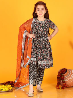 JILMIL - Girls Anarkali Black Bagru Cotton Kurta with Pant & Dupatta (Set of 3)